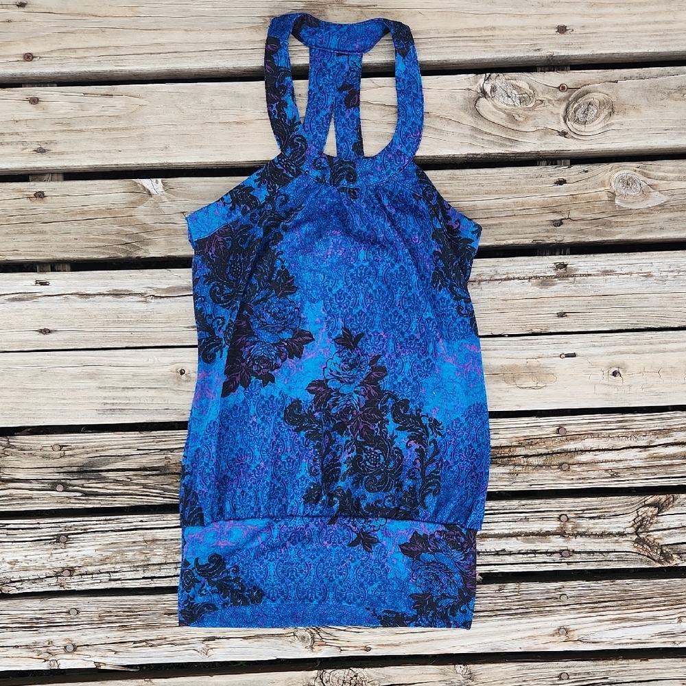 Y2K Volume One Paisley Blue Black Floral Halter Tank Knit Small